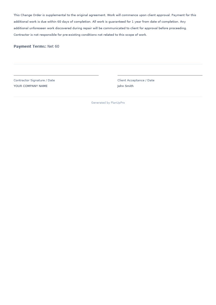 PlanUpPro generated change order page 2 - terms and conditions, payment terms Net 60, contractor and client signature lines